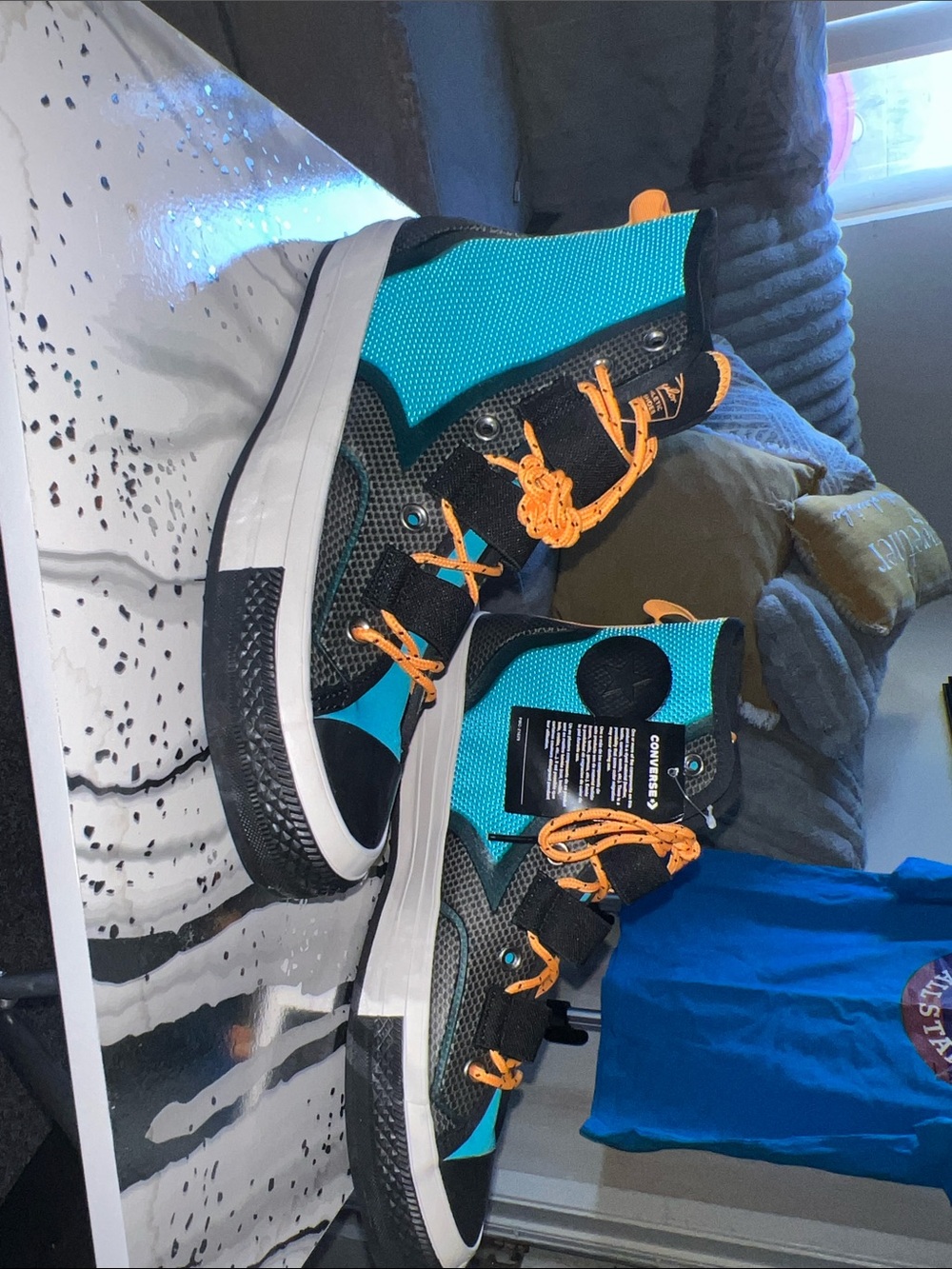 Converse Kids Black and Teal High-Tops with Orange Laces - Picture 2 of 8